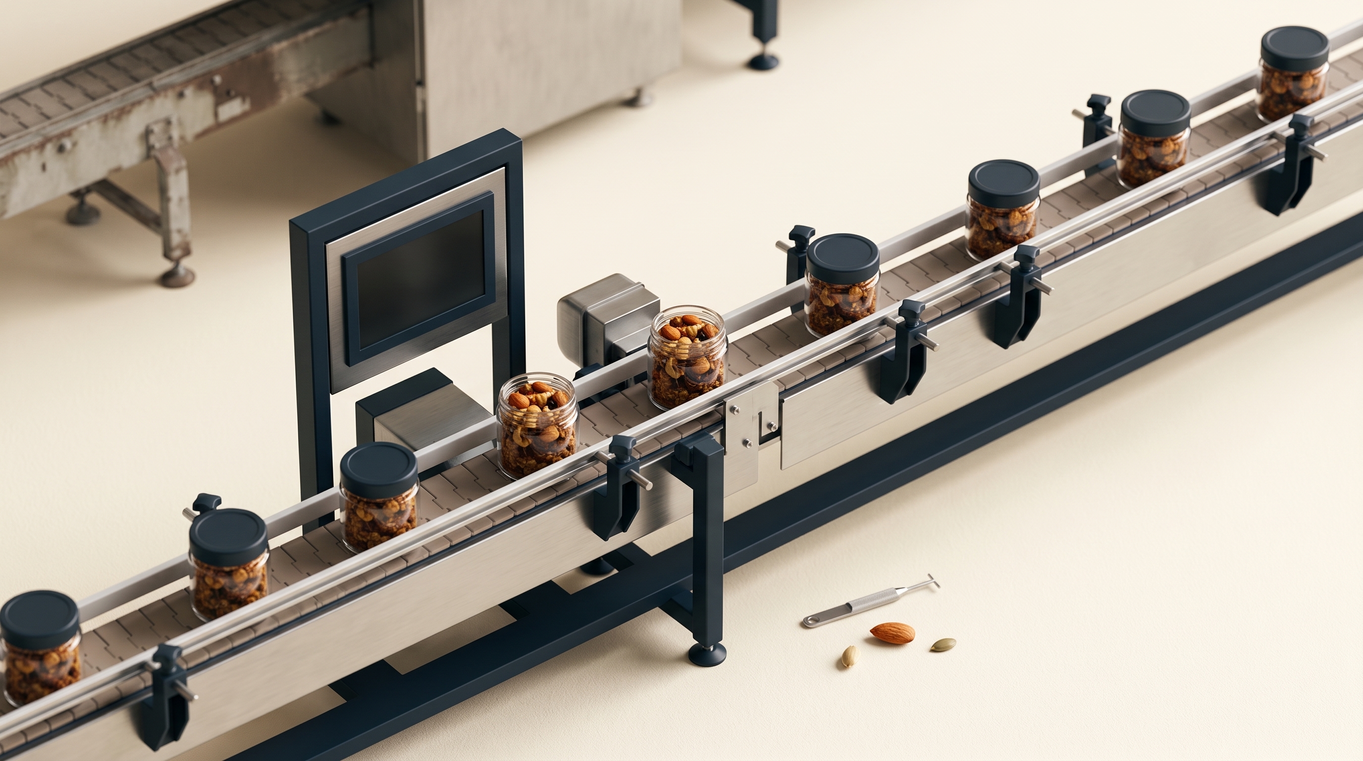 Small jars of food moving along a clean production line.